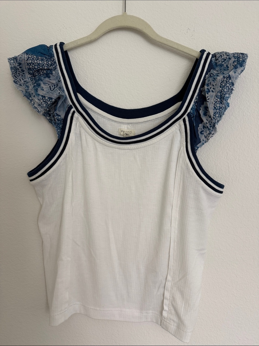 Pilcro Anthropologie White Tank with Navy Trim and Blue Lace Flutter Sleeves